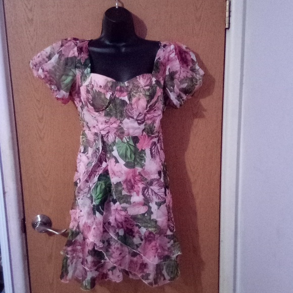 MINKPINK Dresses & Skirts - Floral Puff Sleeve‎ Mini Dress Pink Green Sweetheart Neck Ruffle Hem Tiered L